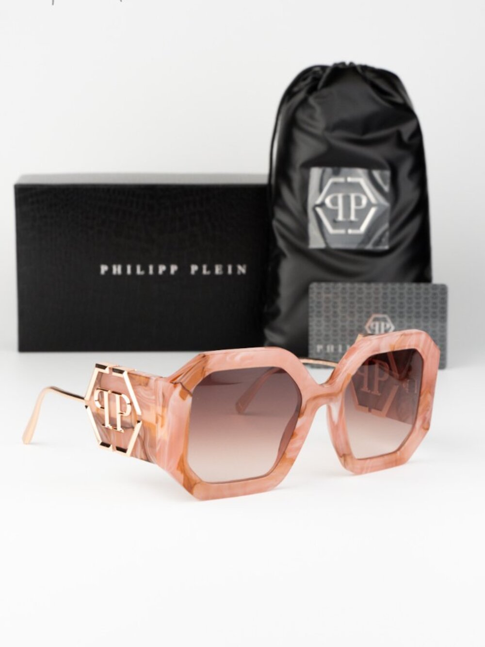 Philipp Plein Women Sunglasses Pink Marble Brown Gradient Square SPP067 06Z8 NEW